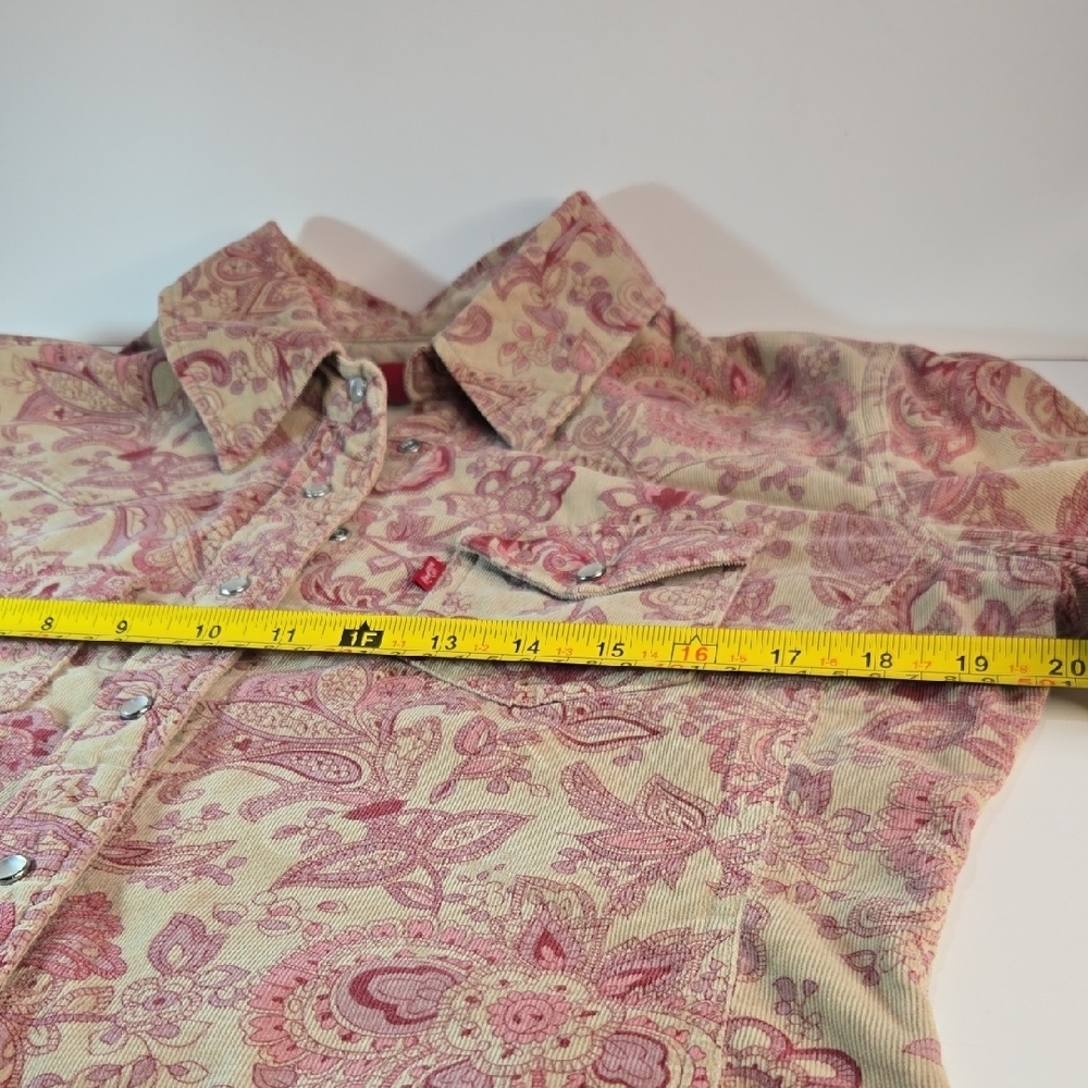 Levi Western Rodeo Corduroy Paisley Pearl-Snap Shirt in Pink and Tan Long Sleeve - Picture 7 of 12